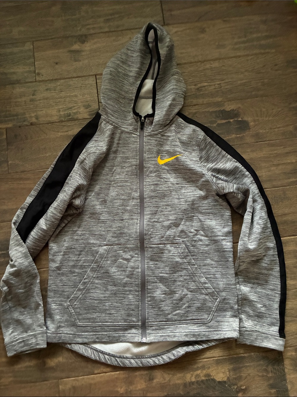 Nike Gray Heather Full-Zip Hoodie with Yellow Swoosh and Black Sleeve Stripes